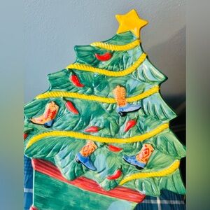 Certified International Christmas tree cowboy boots & chili peppers platter